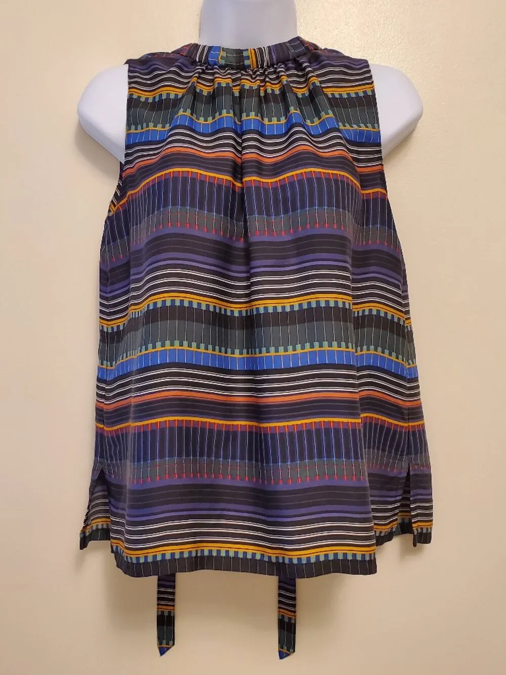LOFT Festival Striped Multi-Color Tie Back High Neck Sleeveless Top Blouse - SP - Picture 2 of 12